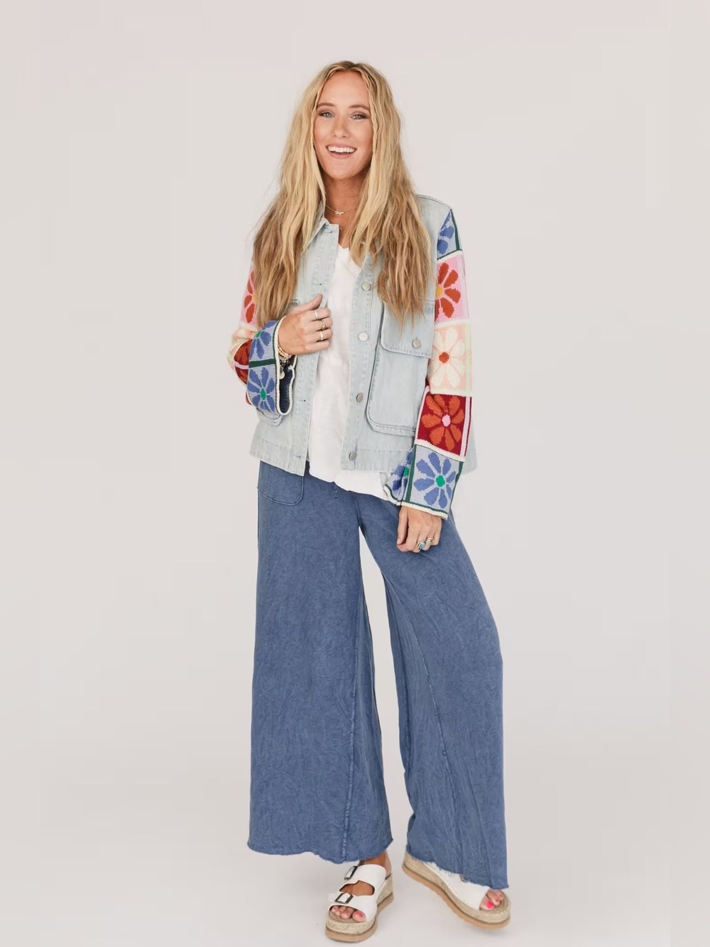 DAVI & DANI Women’s Adjustable Cuffs Multi Patch Denim Jacket (light denim) - Picture 14 of 15